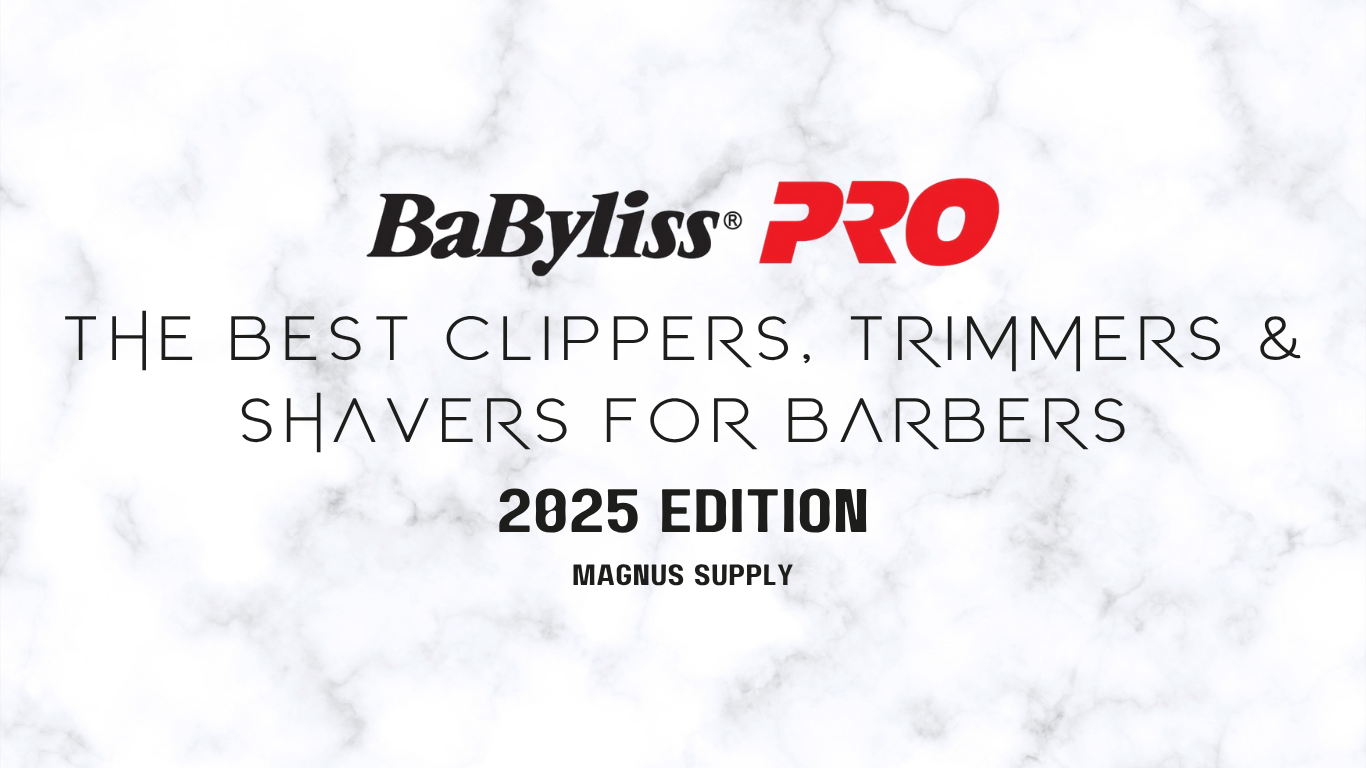 BaBylissPRO logo with the text 'The best clippers, trimmers & shavers for barbers – 2025 Edition, Magnus Supply' on a white marble background.