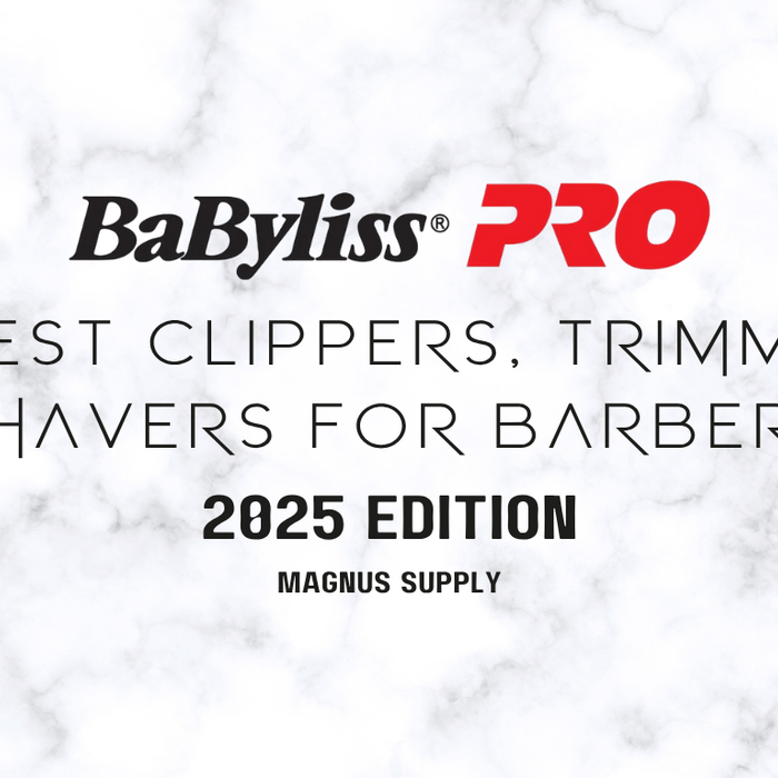 BaBylissPRO logo with the text 'The best clippers, trimmers & shavers for barbers – 2025 Edition, Magnus Supply' on a white marble background.