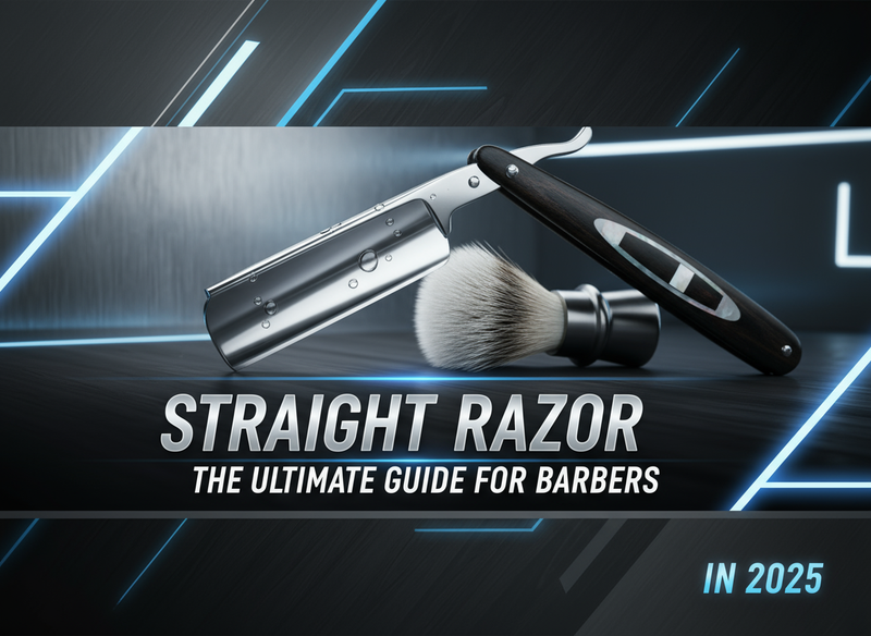 Straight razor and brush with neon blue light effects — guide for barbers 2025.