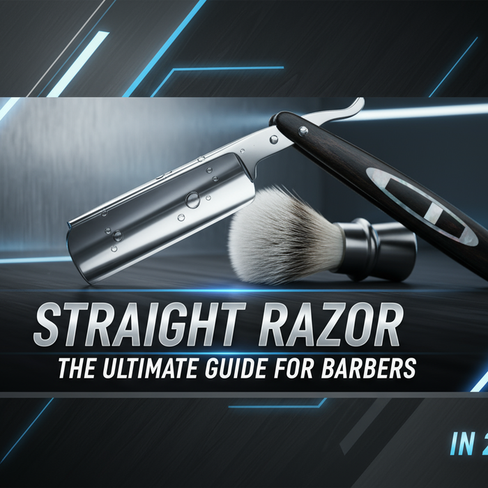 Straight razor and brush with neon blue light effects — guide for barbers 2025.