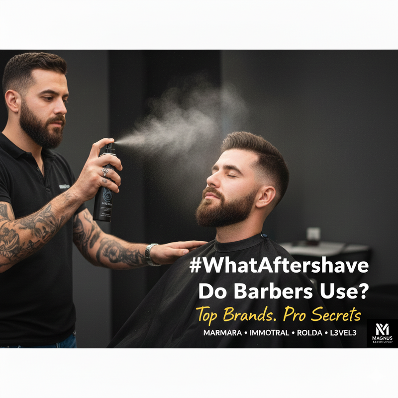 Barber applying aftershave spray to client after razor shave in professional barbershop