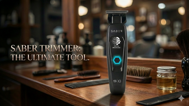 Professional barber in Miami using the StyleCraft Saber Trimmer on a client – premium quiet trimmer for Florida barbershops