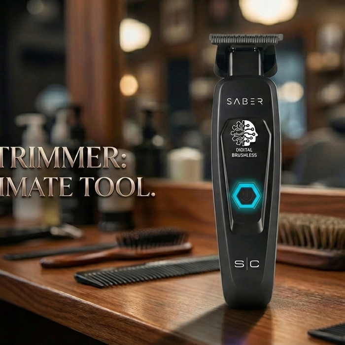 Professional barber in Miami using the StyleCraft Saber Trimmer on a client – premium quiet trimmer for Florida barbershops