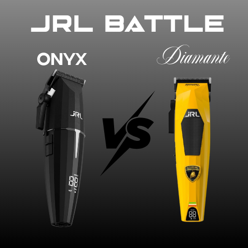 JRL Battle featuring Onyx black hair clipper vs Diamante yellow hair clipper on dark background.