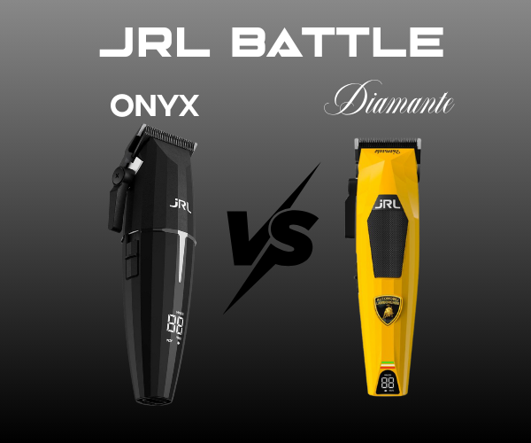 JRL Battle featuring Onyx black hair clipper vs Diamante yellow hair clipper on dark background.