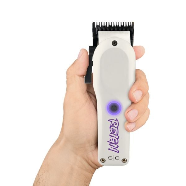 Stylecraft Reign professional hair clipper – ergonomic white design with purple power button, ideal for barbers and stylists