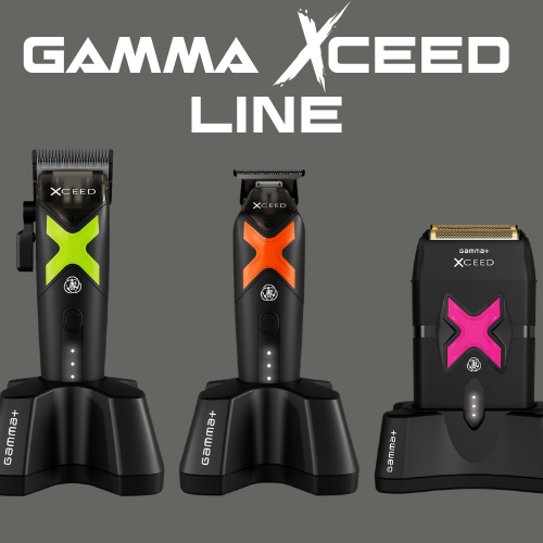 Gamma+ Xceed professional grooming set on charging bases: hair clipper with green X, trimmer with orange X, and shaver with pink X.