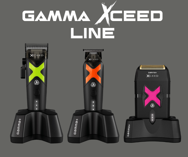 Gamma+ Xceed professional grooming set on charging bases: hair clipper with green X, trimmer with orange X, and shaver with pink X.