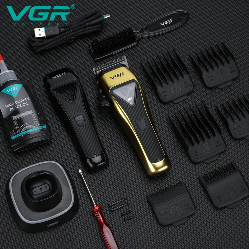 Vector Motor Clipper VGR V-015 – complete barber kit with clipper, guards, and tools