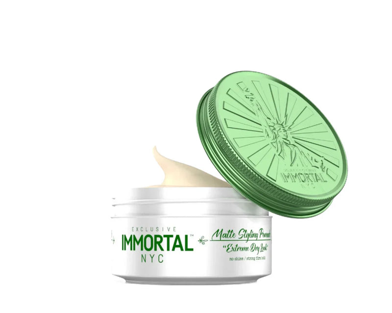 Immortal NYC pomades 5oz jar with green lid and matte styling cream for strong hold and signature style.