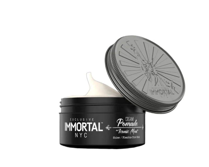 Immortal NYC pomades 5oz Platinum Edition cream pomade with shine and flexible firm hold.