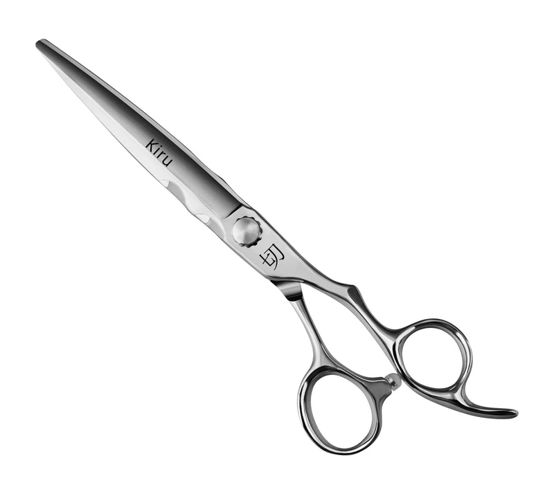 Silver hair cutting scissors with brand logos on a white background