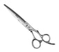 Silver hair cutting scissors with brand logos on a white background