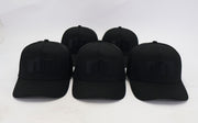 Five black baseball caps with a logo on a white background