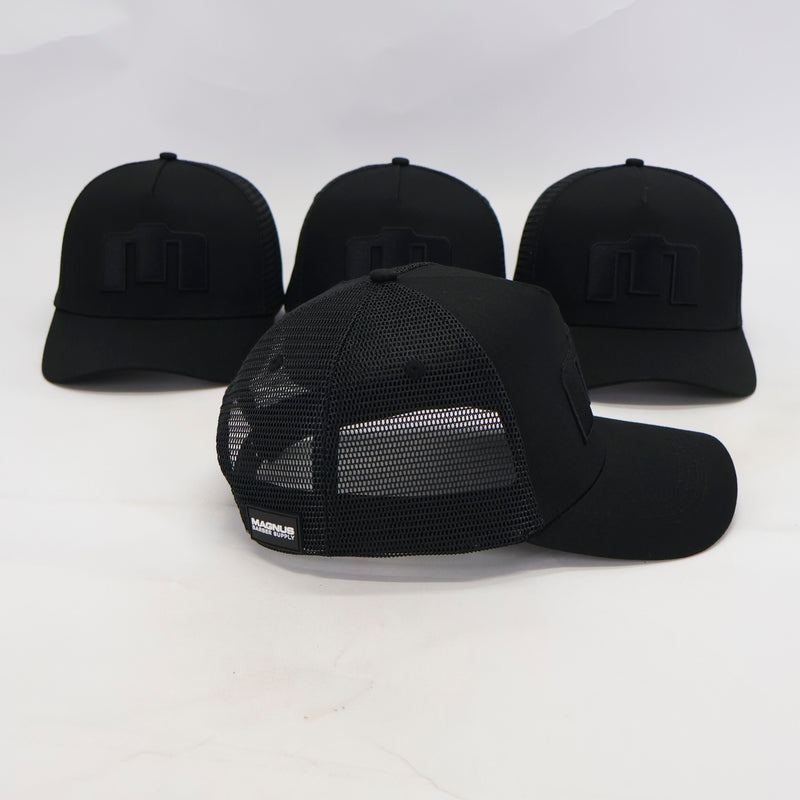 Four black baseball caps with a brand logo on a white background