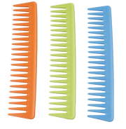 Three colorful combs (orange, green, blue) on a white background