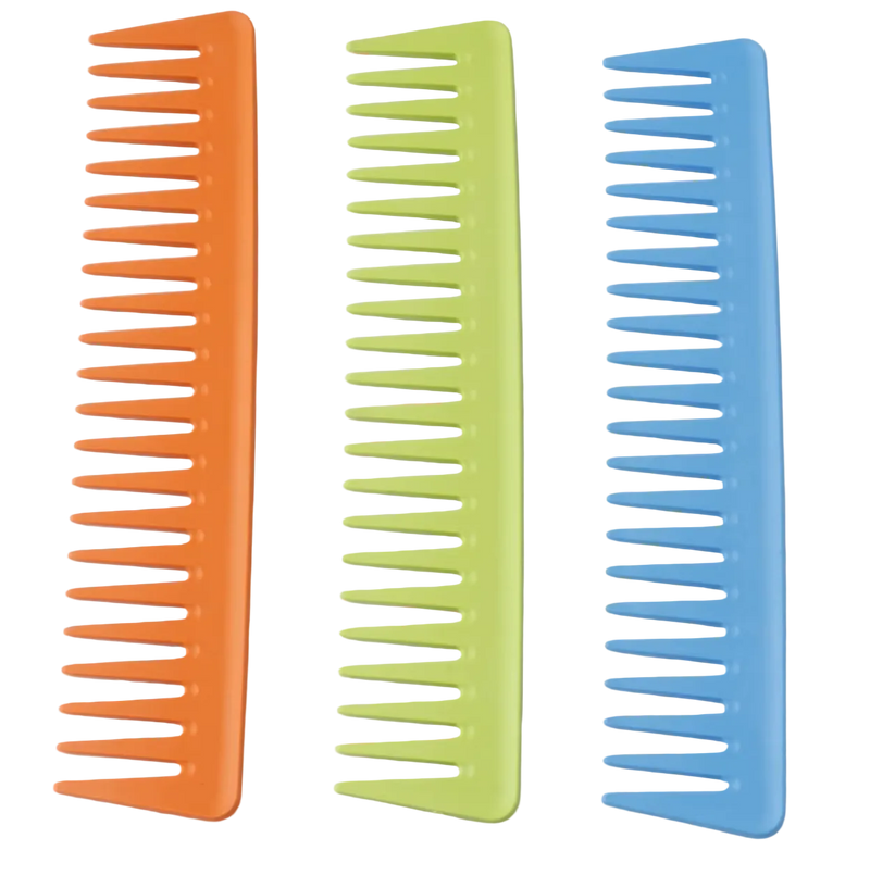 Three colorful combs (orange, green, blue) on a white background
