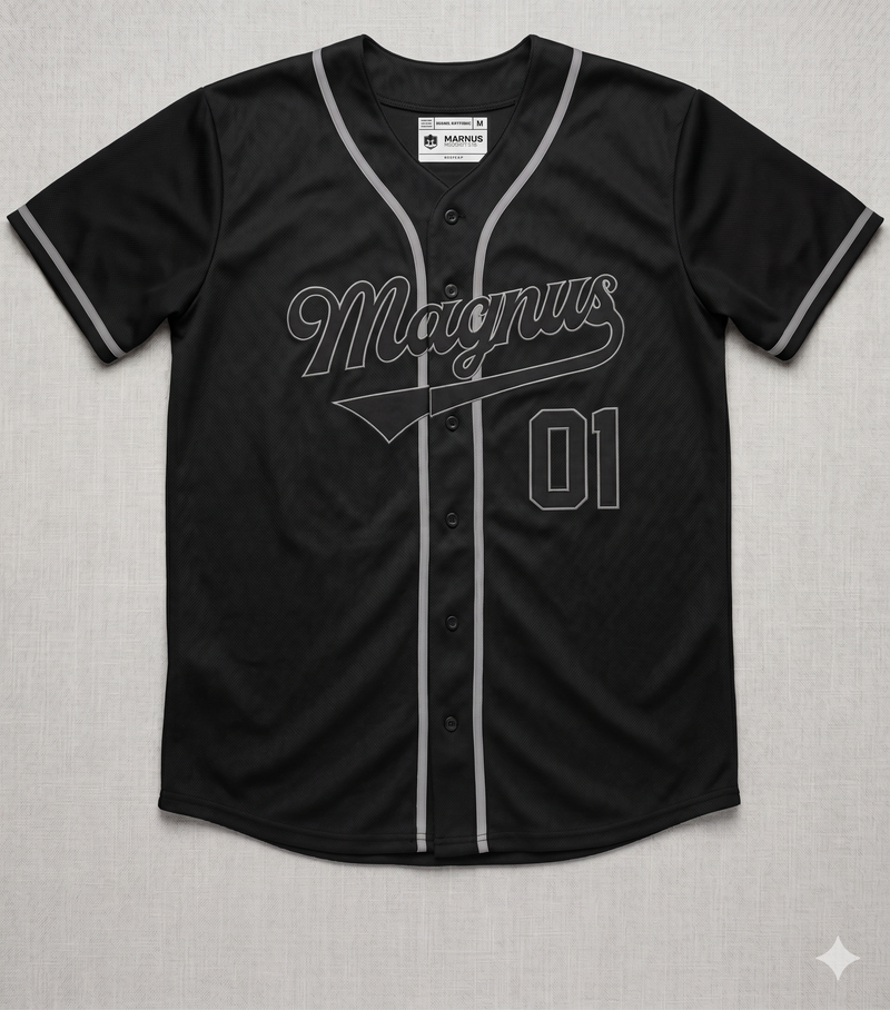 Black baseball jersey with 'Magnus' and number '01' on a gray background