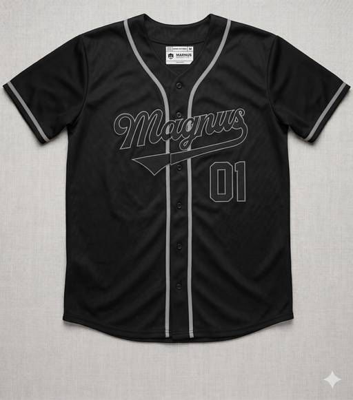 Black baseball jersey with 'Magnus' and number '01' on a gray background