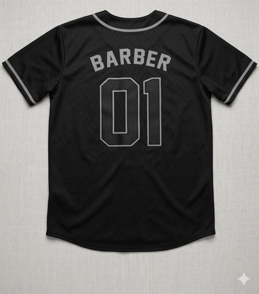 Black baseball jersey with 'BARBER 01' text on a textured gray background