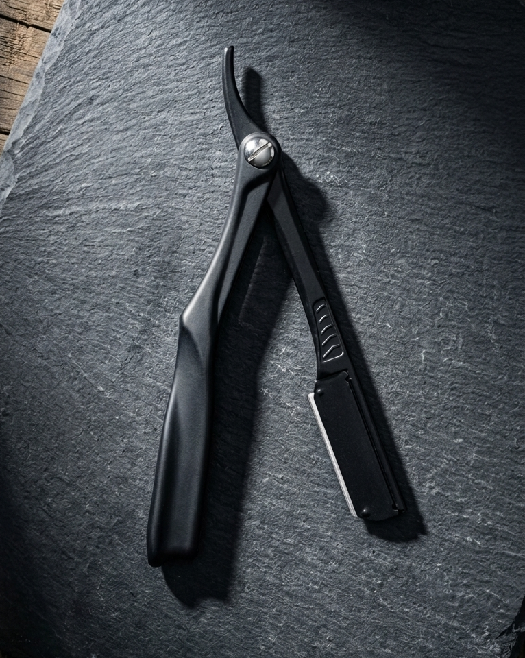 A black straight razor with black-handled shears lies open on a dark slate slab over a rustic wooden surface.