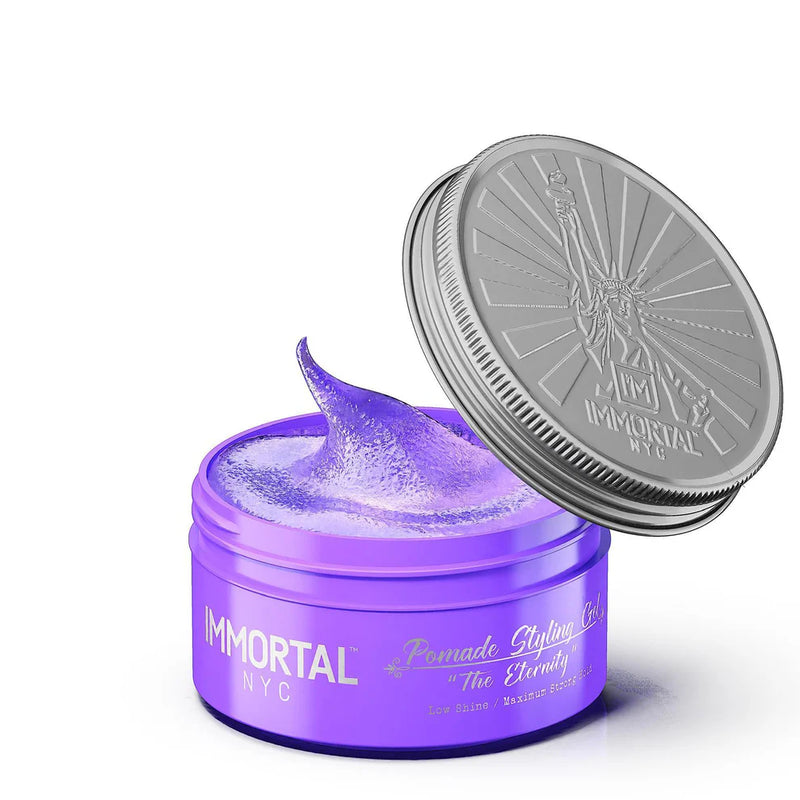 Immortal NYC pomades 5oz jar with strong hold styling product for men, ideal for achieving defined hairstyles.