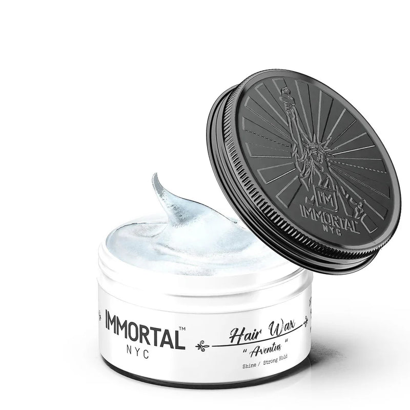Immortal NYC pomades hair wax jar with lid open, showcasing strong hold and styling product.
