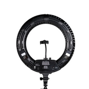Black ring light with digital display on a white background
