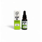 Hemp oil bottle and packaging on a white background