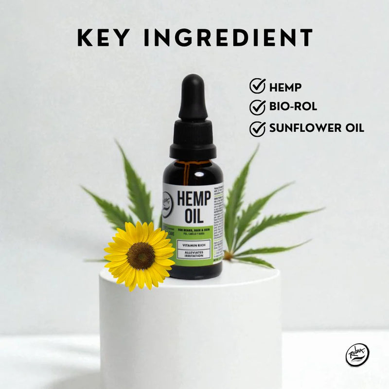 Hemp oil dropper bottle with a sunflower and cannabis leaves on a white background