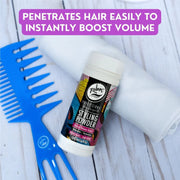 Rolda Hair Texturizing Styling Powder next to a blue comb, showcasing instant volume and light hold for hairstyles.