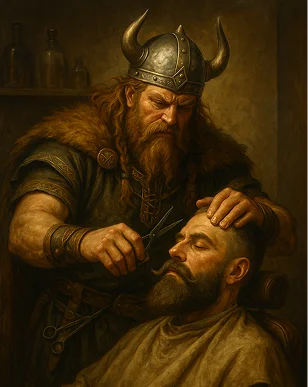 Viking barber trimming a client's mustache, epic medieval-style artwork in a rustic barbershop