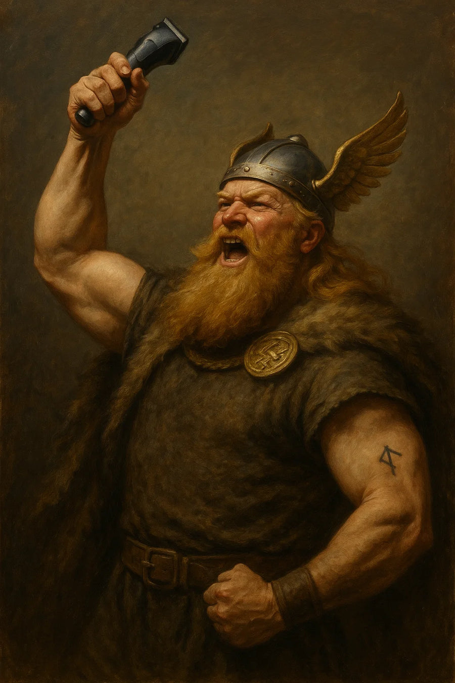 Viking warrior with golden beard holding an electric hair clipper aloft, roaring triumphantly, epic fantasy barbershop concept