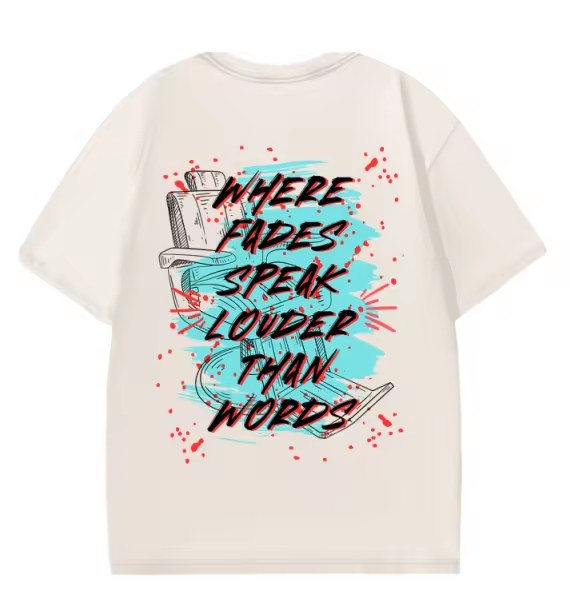 White t-shirt with graphic design and text on a white background