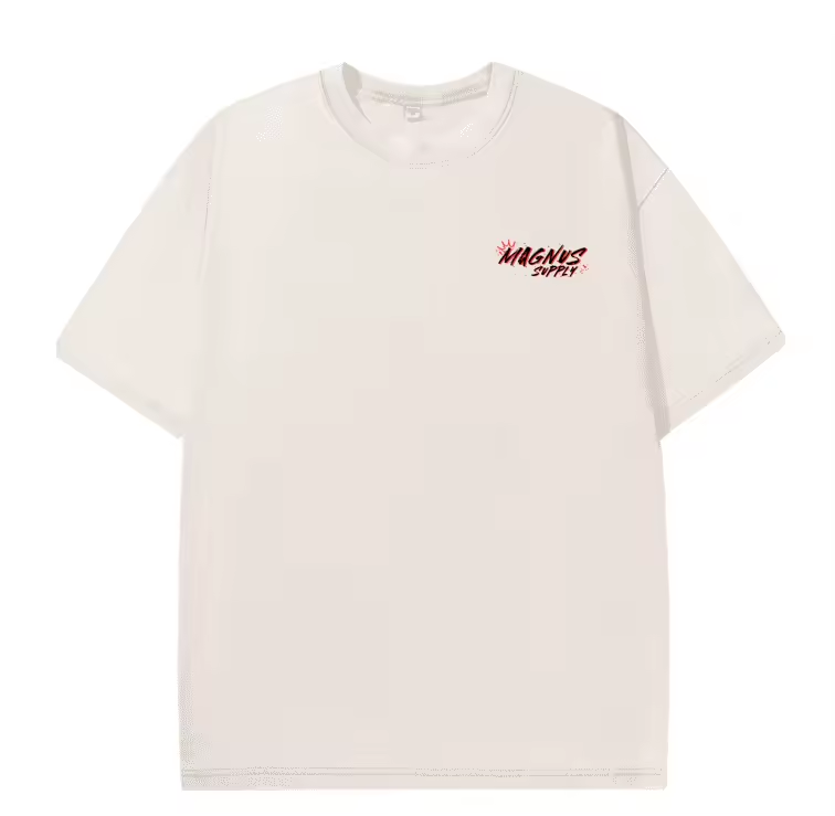 Beige t-shirt with red and black text on a white background