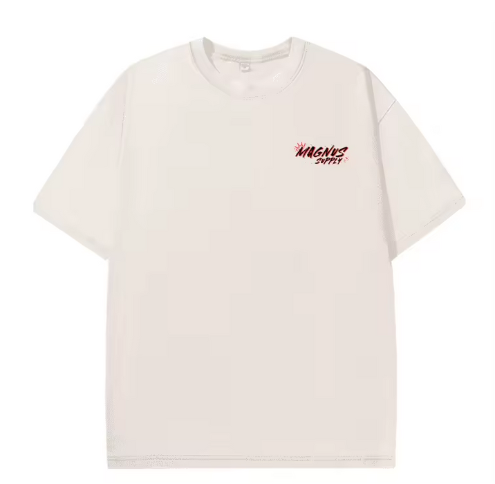 Beige t-shirt with red and black text on a white background
