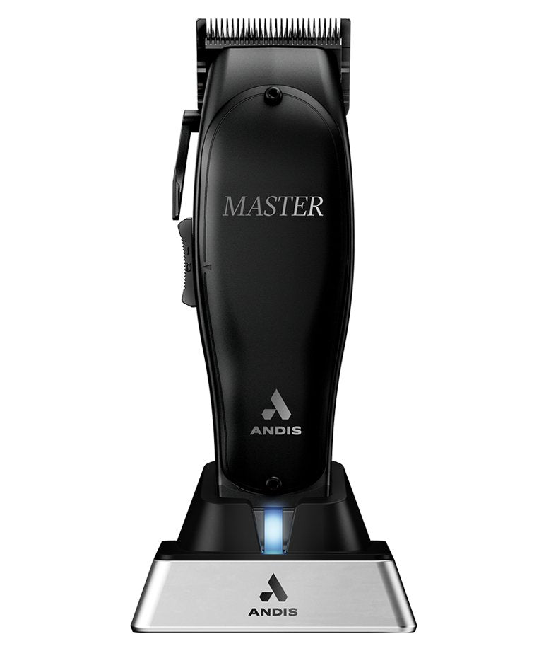 Andis Master Cordless Clipper Black Label Edition front view with sleek design and powerful motor