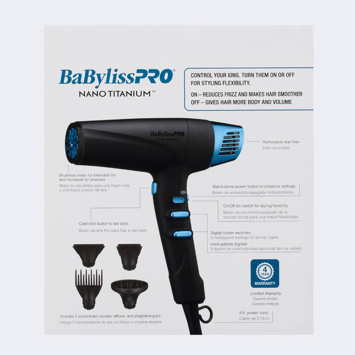 Babyliss Nano Titanium Limited Edition Black & Blue Professional High - Speed Dual Ionic Dryer - MagnusSupplyBabyliss