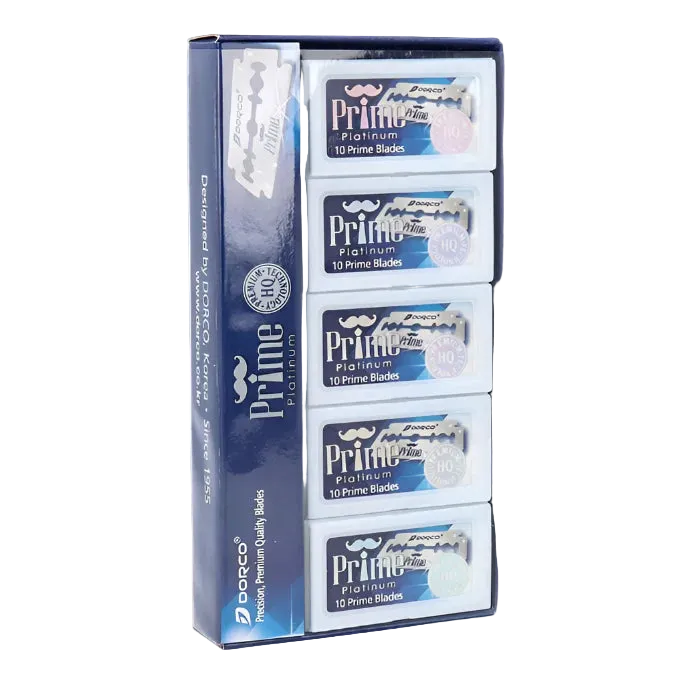 Display of Dorco Prime Platinum razor blades packaging on a white background