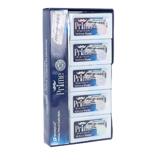 Display of Dorco Prime Platinum razor blades packaging on a white background