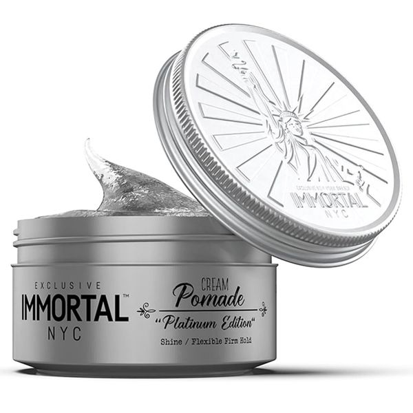 Immortal NYC pomades 5oz Platinum Edition cream pomade with shine and flexible firm hold.