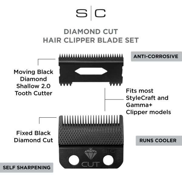 Stylecraft Replacement Diamond Cut Fixed Fade Clipper Blade/Shallow Tooth 2.0 Set SC540B