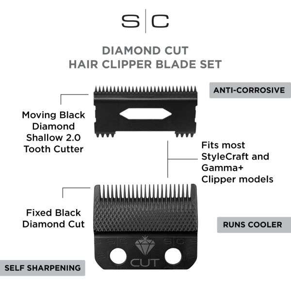 StyleCraft Replacement Diamond Cut Fixed Fade Clipper Blade/Shallow Tooth 2.0 Set SC540B