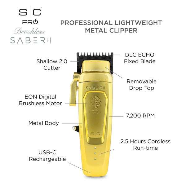 Stylecraft Saber 2.0 Cordless Clipper features EON Digital Brushless Motor and lightweight metal design.